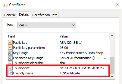 Certificate Thumbprint and Friendly Name