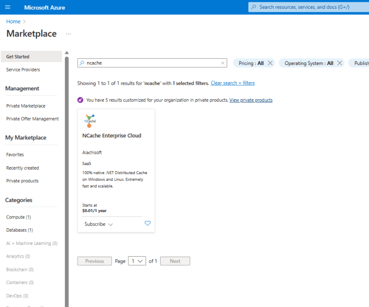 Search Result for NCache Enterprise Cloud on the Azure Market Place.