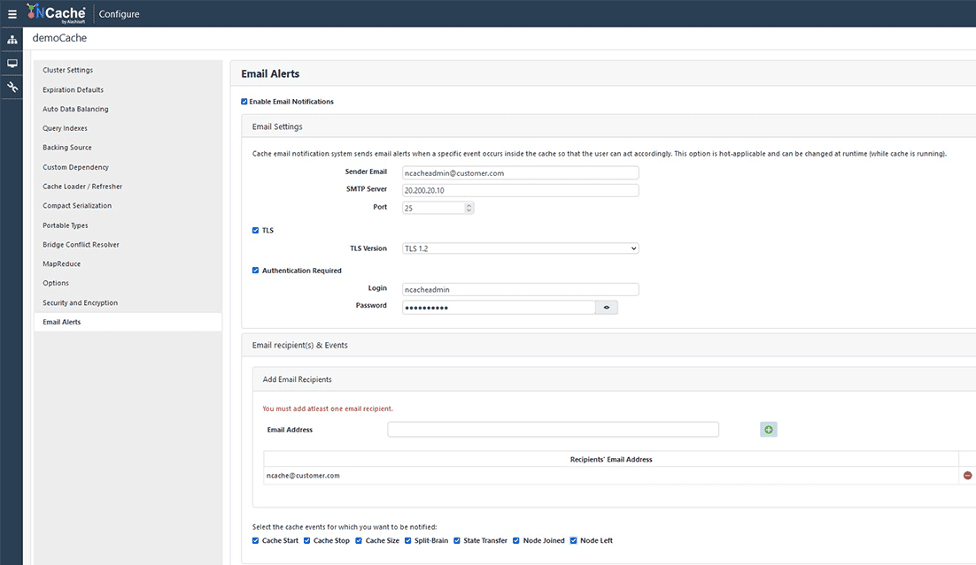 Notifications par e-mail sur NCache Événements