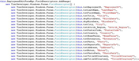 Code for Employees Form created by the Forms Designer