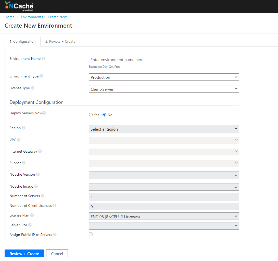 NCache Cloud Portal Create New Environment AWS