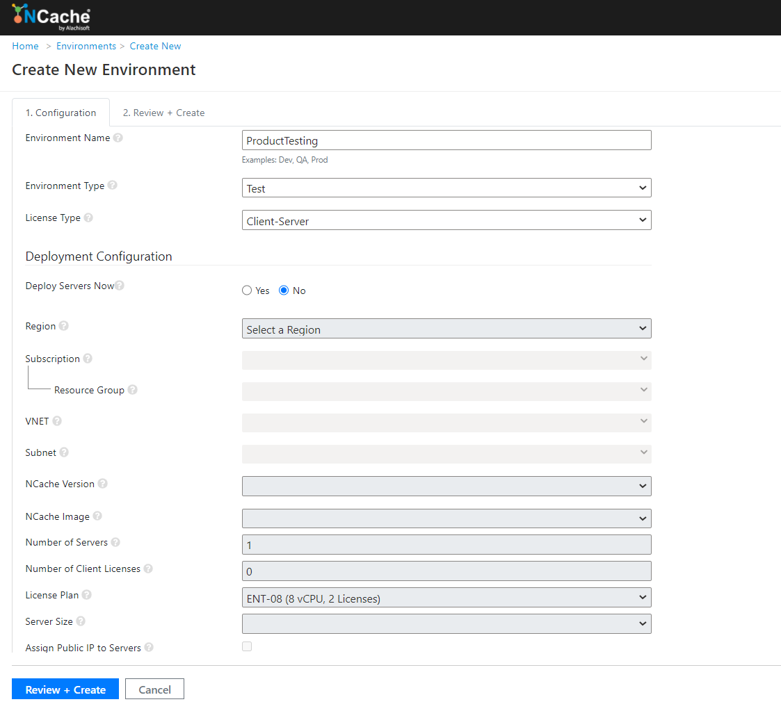 NCache Cloud Portal Create New Environment for Manual Deployment of Servers