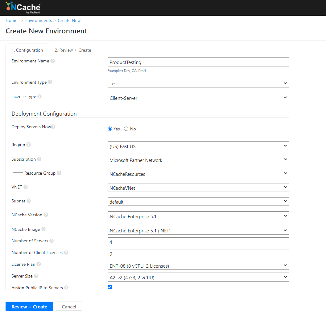NCache Cloud Portal Create New Environment for Auto Deployment of Servers