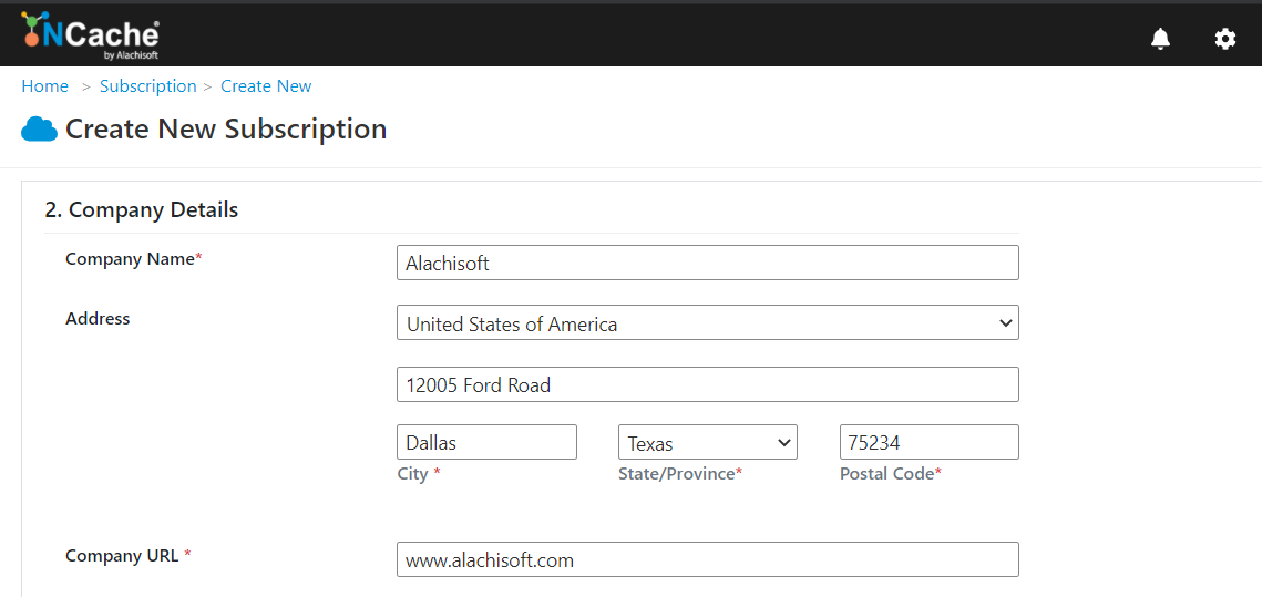 NCache Cloud Portal Registration Form Company Details