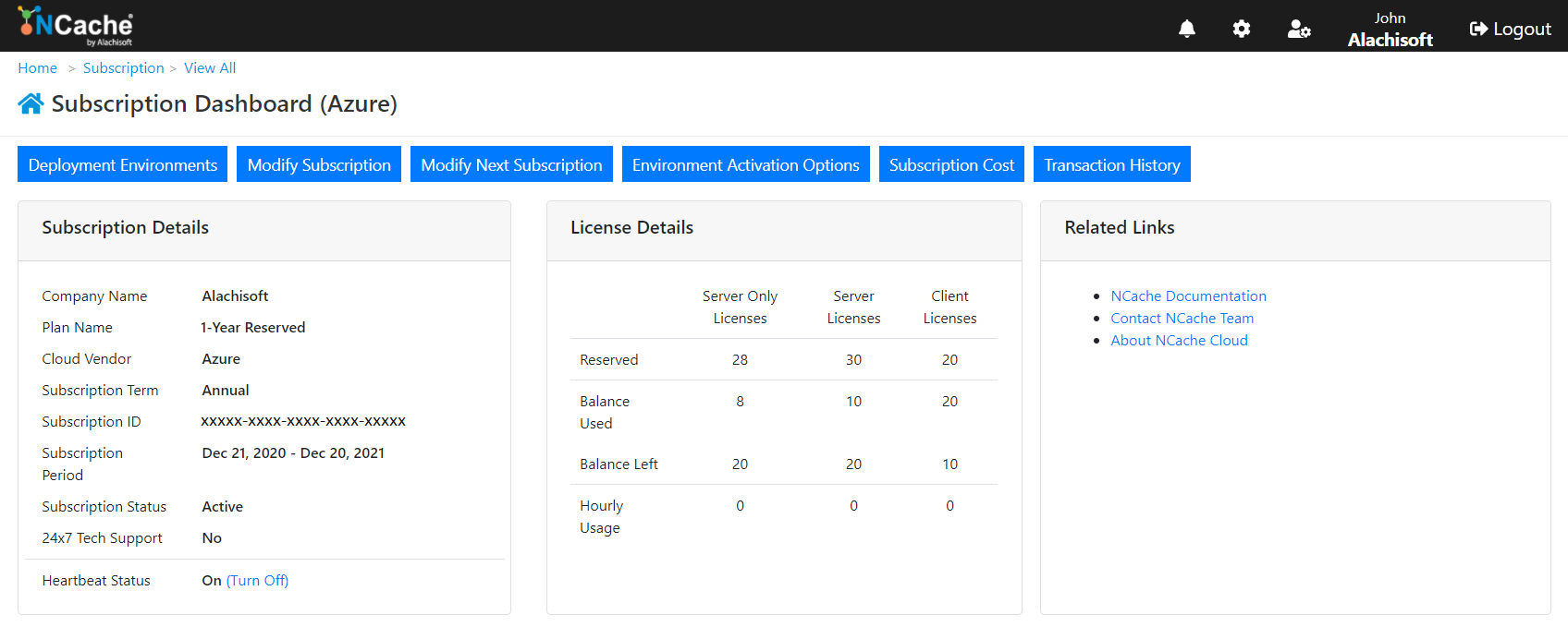 NCache Cloud Portal Subscription Level License Details