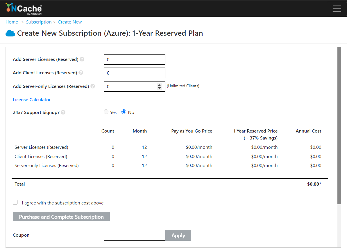 NCache Cloud Enterprise Subscription Form for 1 Year Reserved Plan