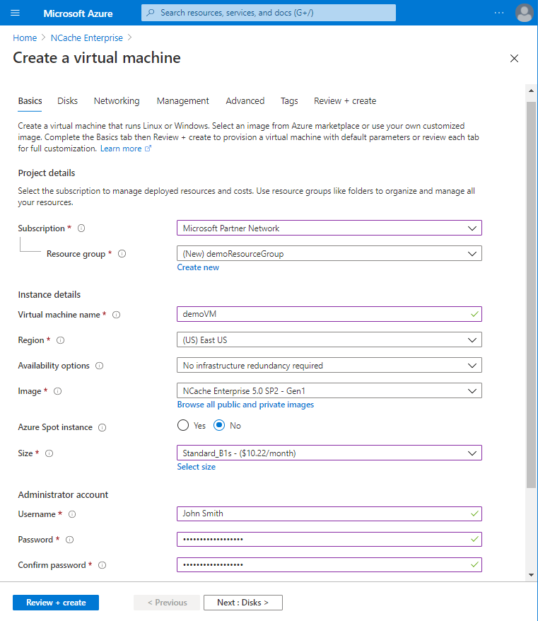 Azure Portal Create NCache Virtual Machine