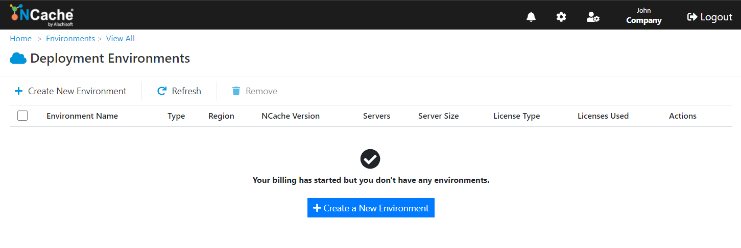 NCache Cloud Portal Deployment Environments AWS