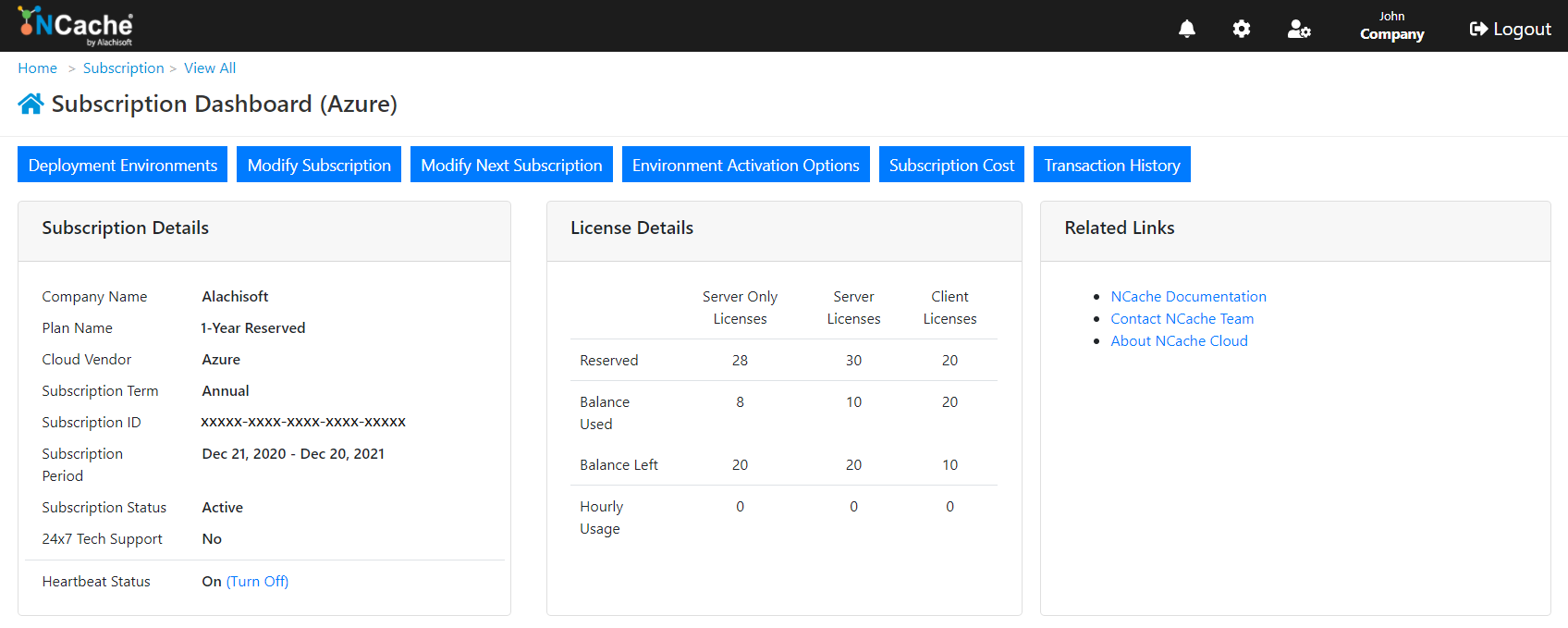 NCache Cloud Portal Subscription Level License Details