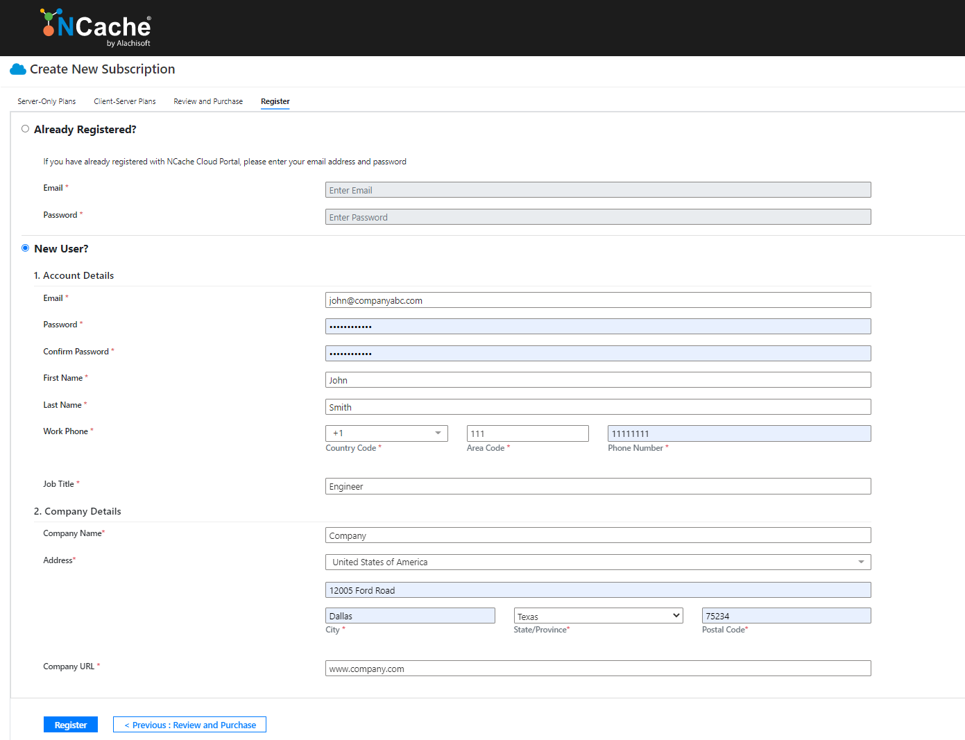 NCache Cloud Portal Register New User