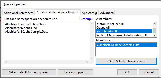 Agregue SampleData Assembly en LINQPad para NCache