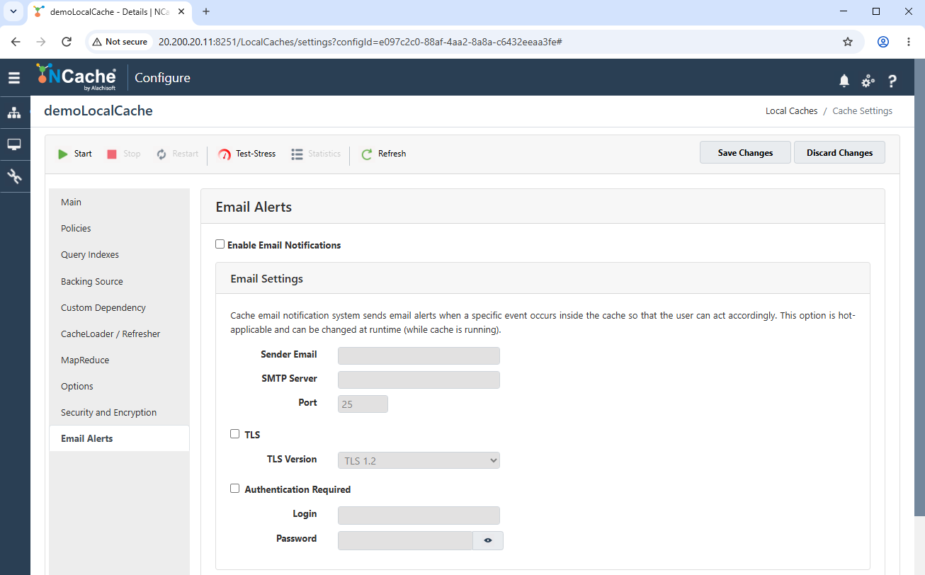 Local Cache Email Alert Settings
