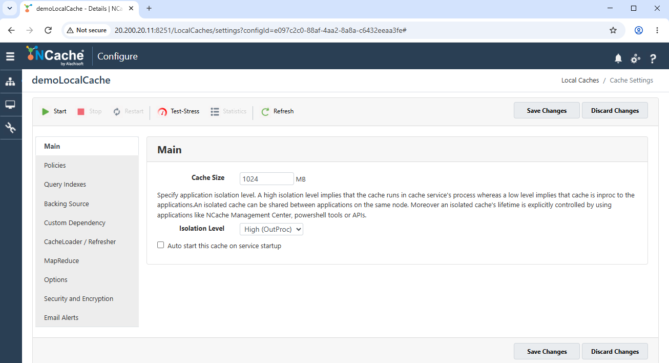 Local Cache Main Settings