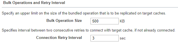 Bulk Operations and Retry Interval section of the Bridge settings page, showing fields for Bulk Operation Size and Connection Retry Interval.