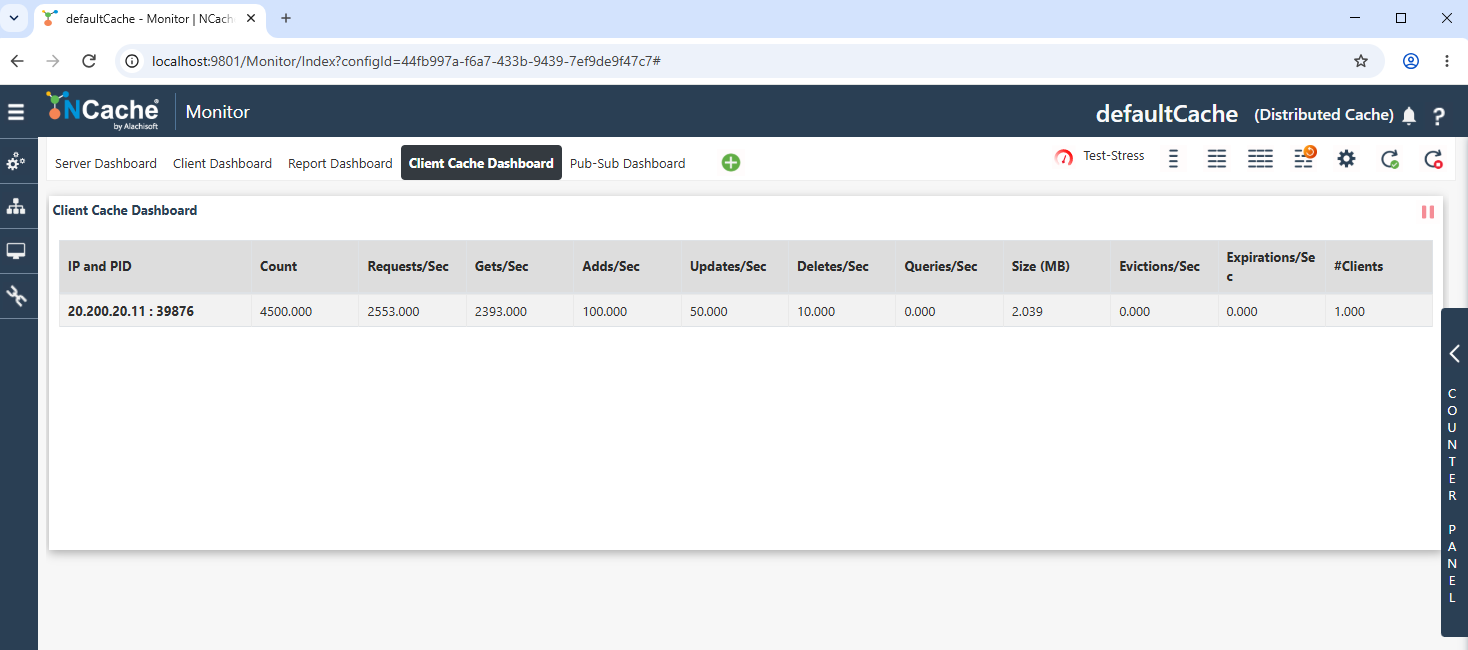 Client Cache Dashboard showing runtime statistics for an active Client Cache