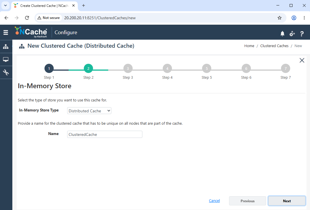 New Distributed Cache wizard displaying cache name, in-memory store type selection, and serialization options.