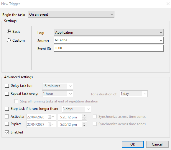 Image showing the process for creating a task trigger.