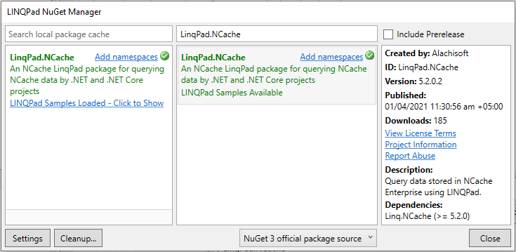 다음에 대한 LINQPad용 NuGet 추가 NCache