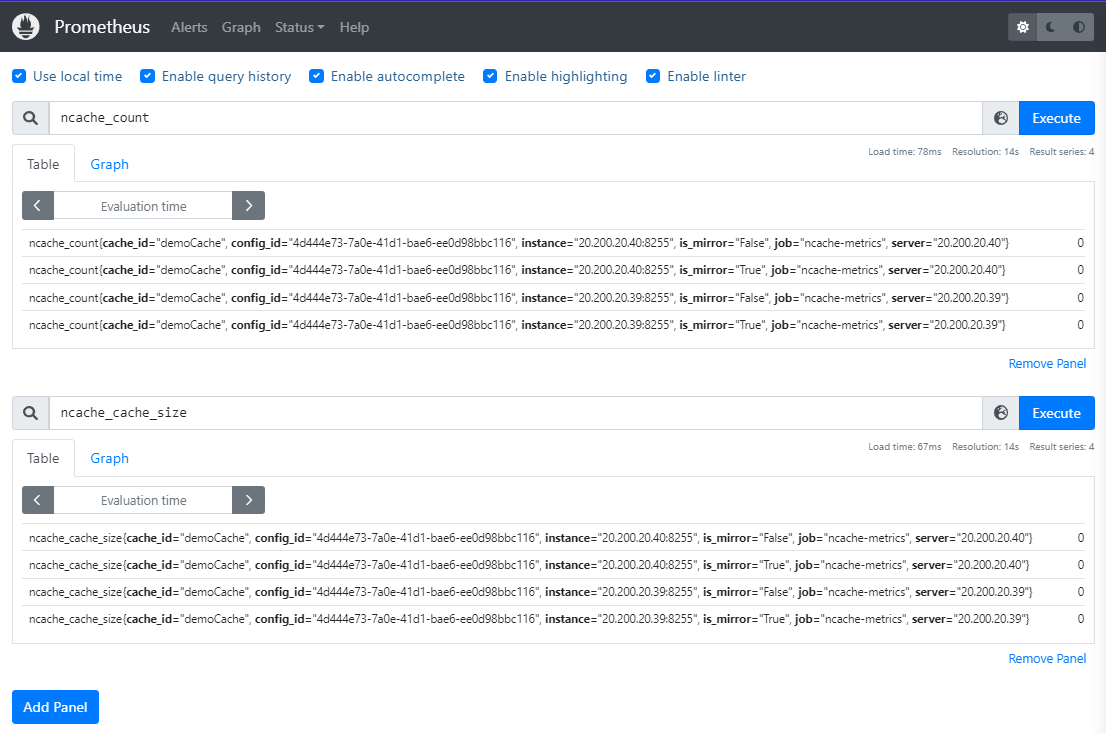 multiplo NCache I contatori monitorano il server Prometheus