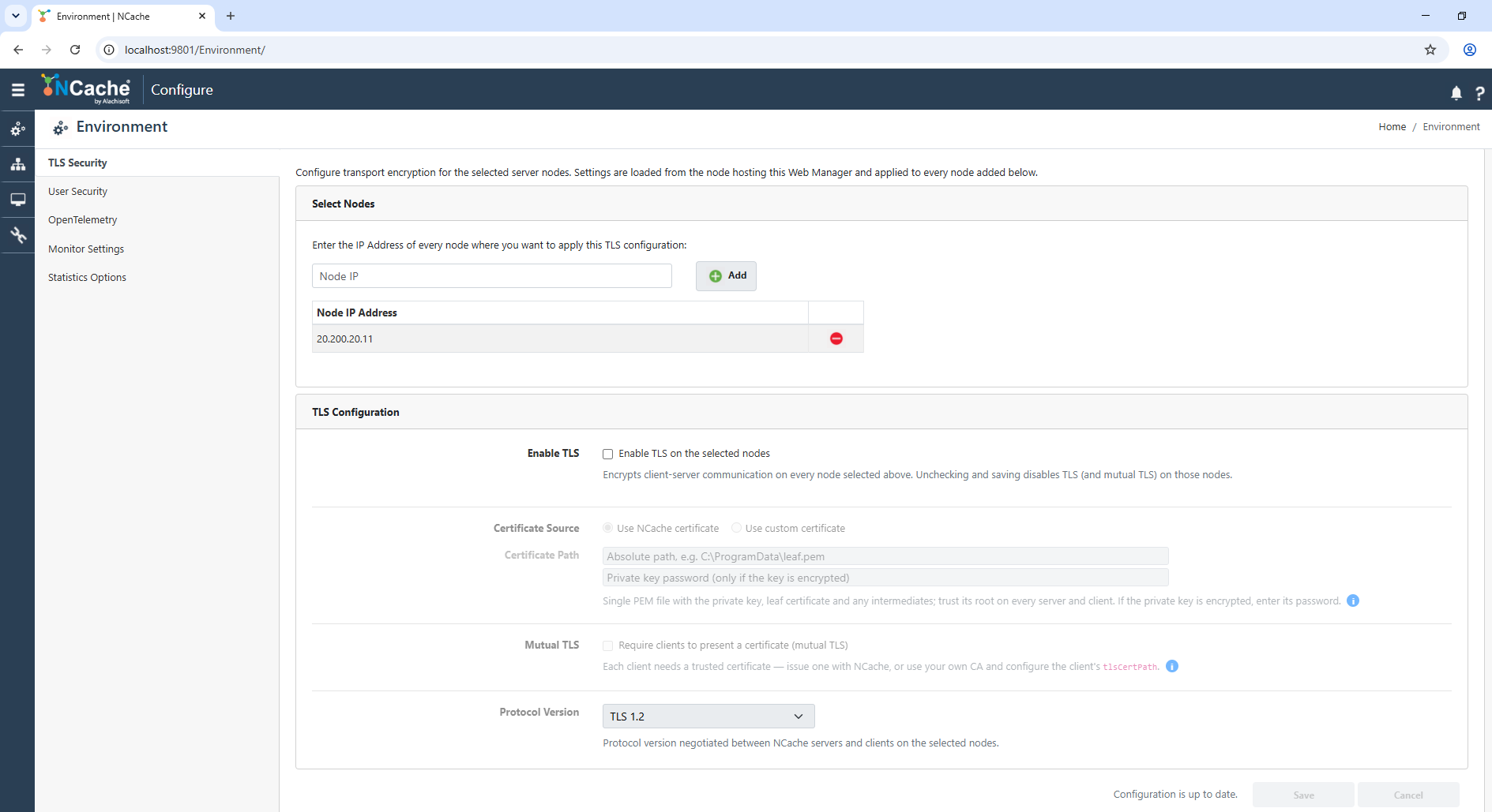 TLS Security Page in NCache Management Center