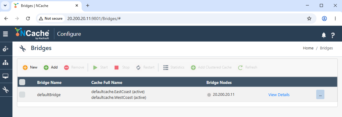 NCache Management Center showing the list of configured Bridges, with a selected Bridge in a stopped state and the "View Details" option highlighted.