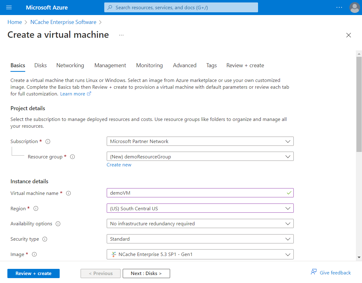 Azure Portal Create NCache Virtual Machine