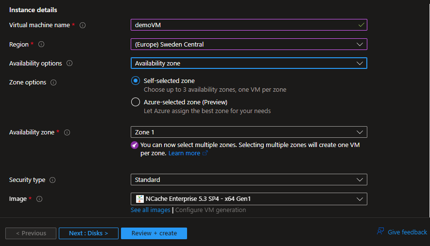 Azure Portal Create NCache Virtual Machine