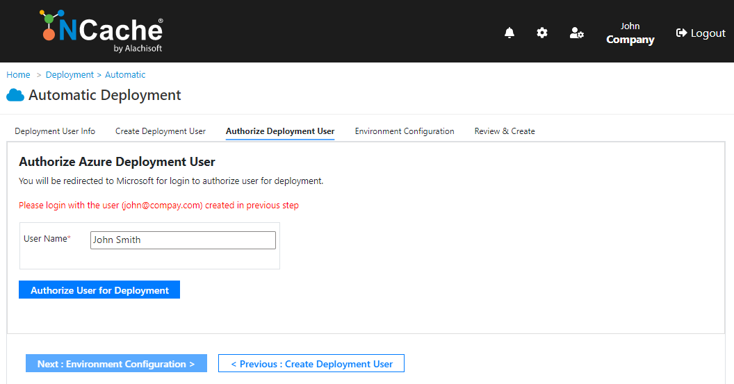 NCache Cloud Portal Authorize Deployment User Azure