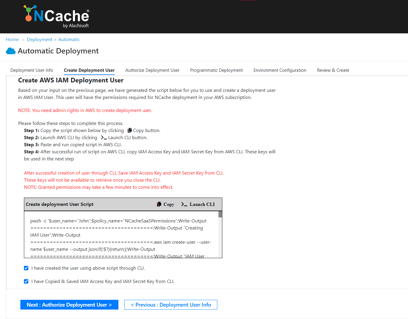 NCache Cloud Portal Create Deployment User AWS