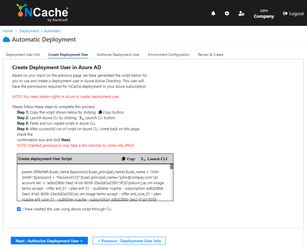 NCache Cloud Portal Create Deployment User