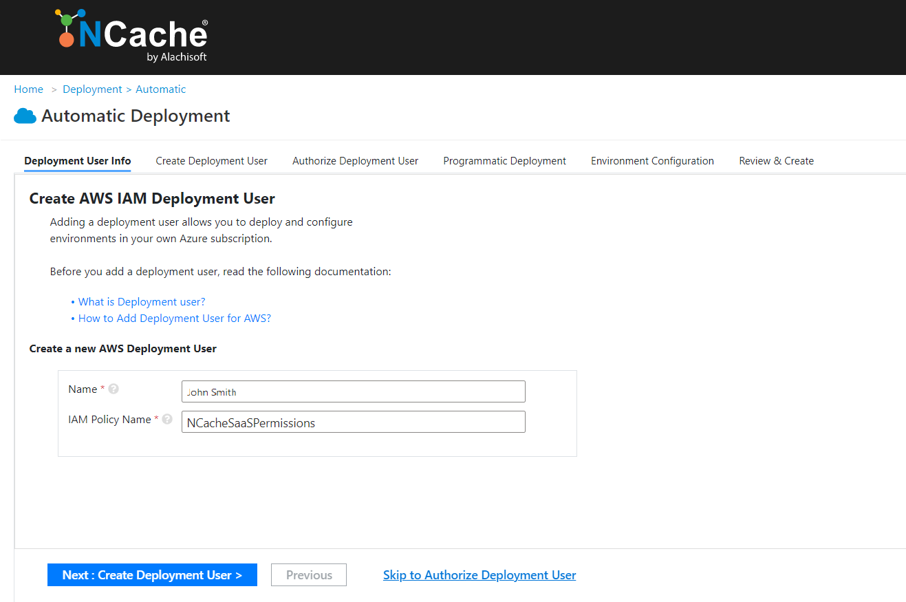 NCache Cloud Portal Deployment User Info AWS