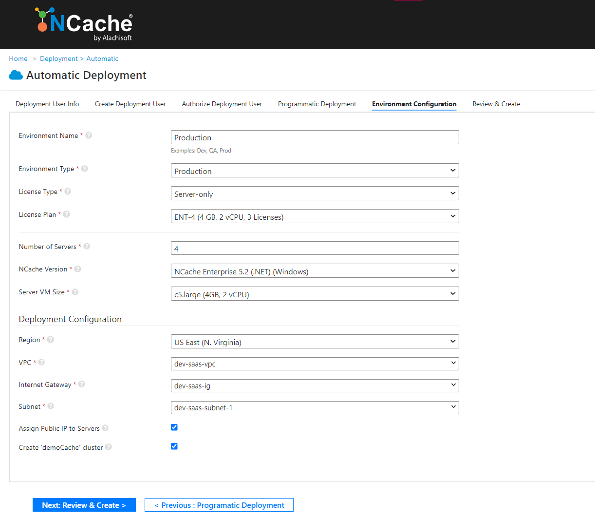 NCache Cloud Portal Environment Configuration Auto AWS