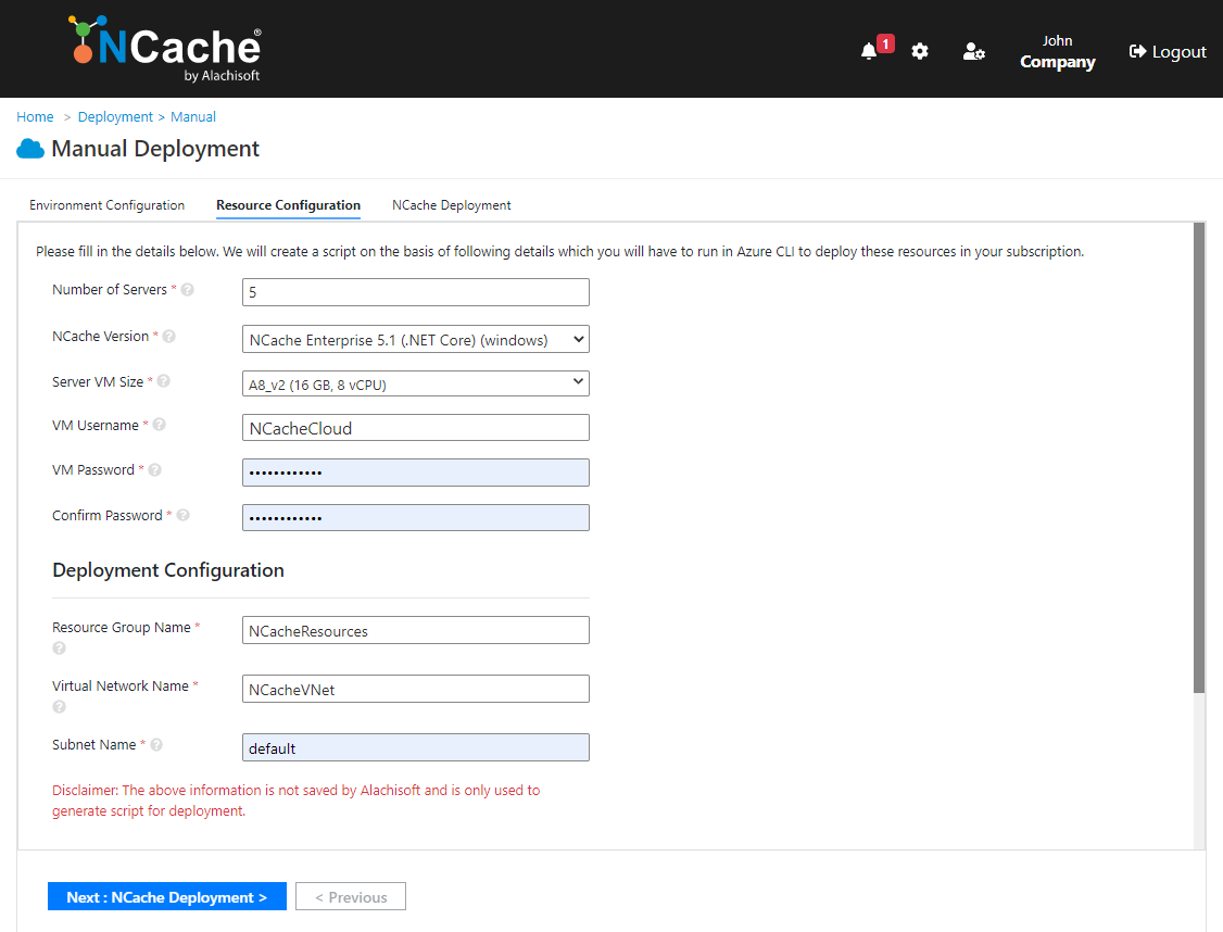 NCache Cloud Portal Resource Configuration in Manual Deployment