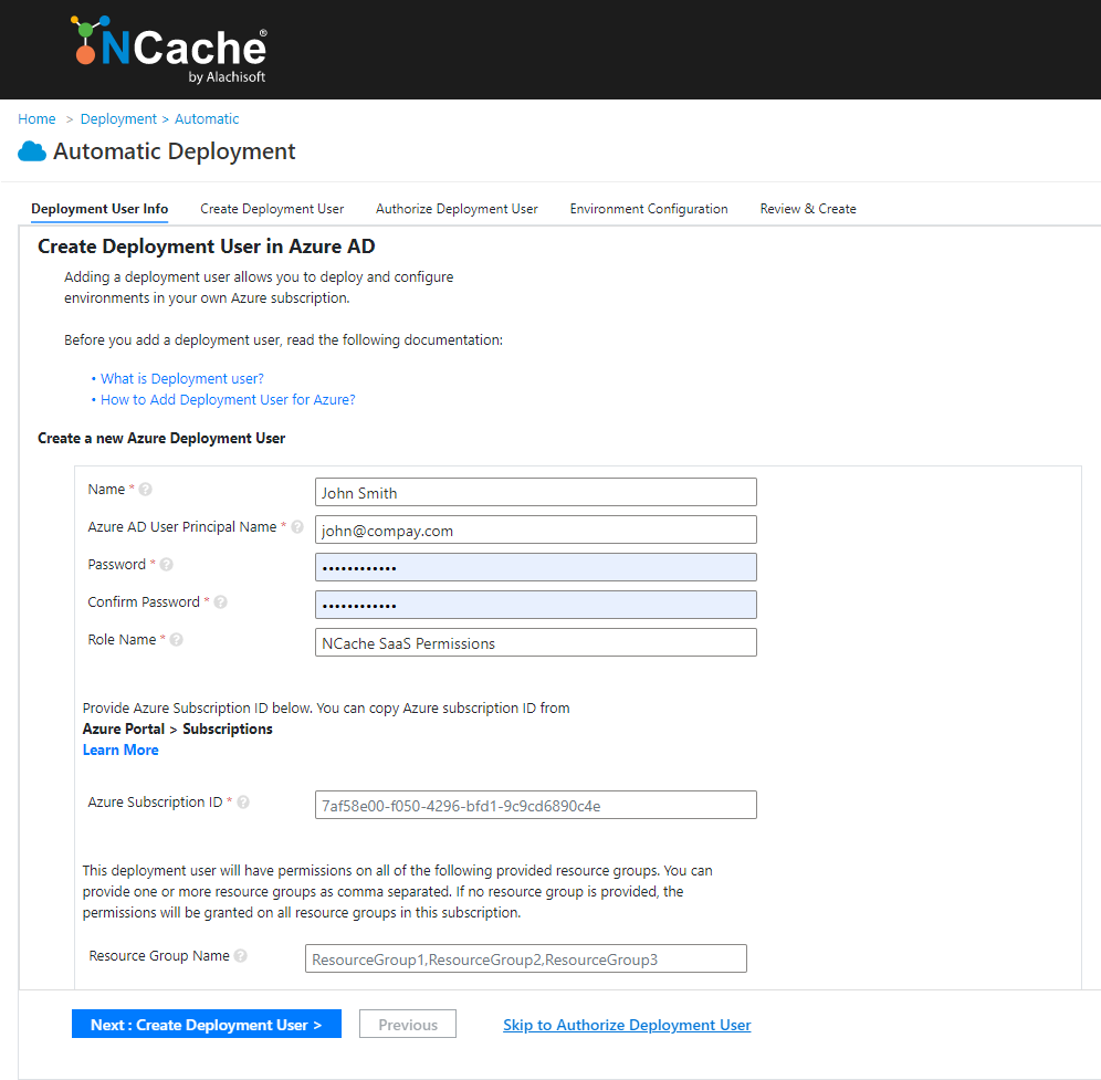 NCache Cloud Portal Deployment User Info