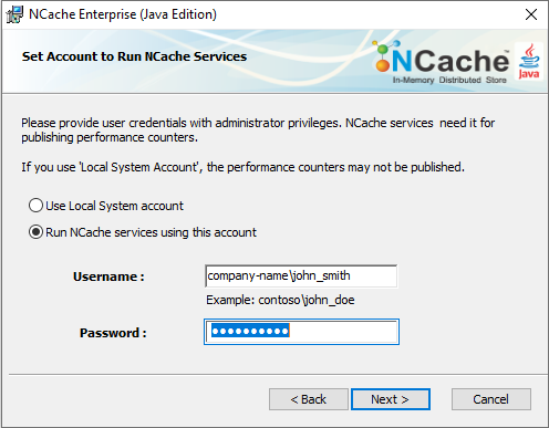 NCache Windows Installation Admin Credentials