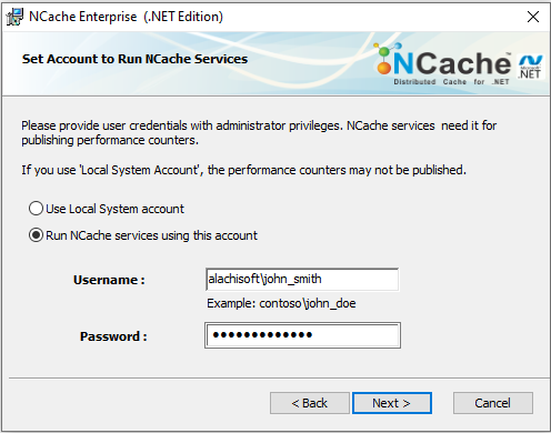 NCache Credenciales de administrador de instalación de Windows