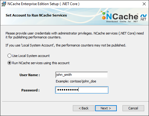NCache Windows Installation Admin Credentials
