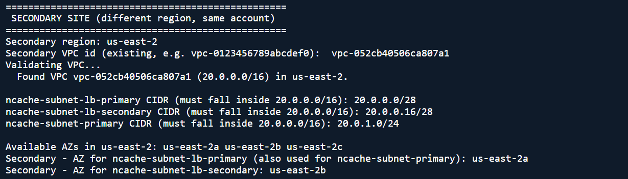 Secondary Site AWS Shell Info