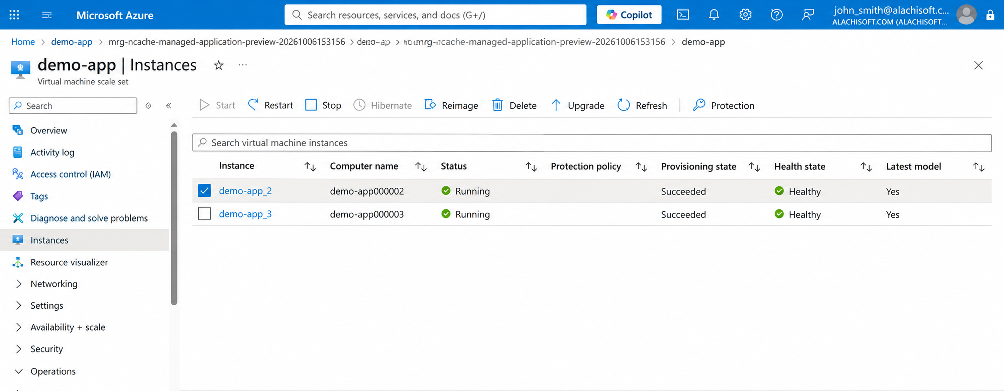 VMSS Instances list showing instance names, status, and health state