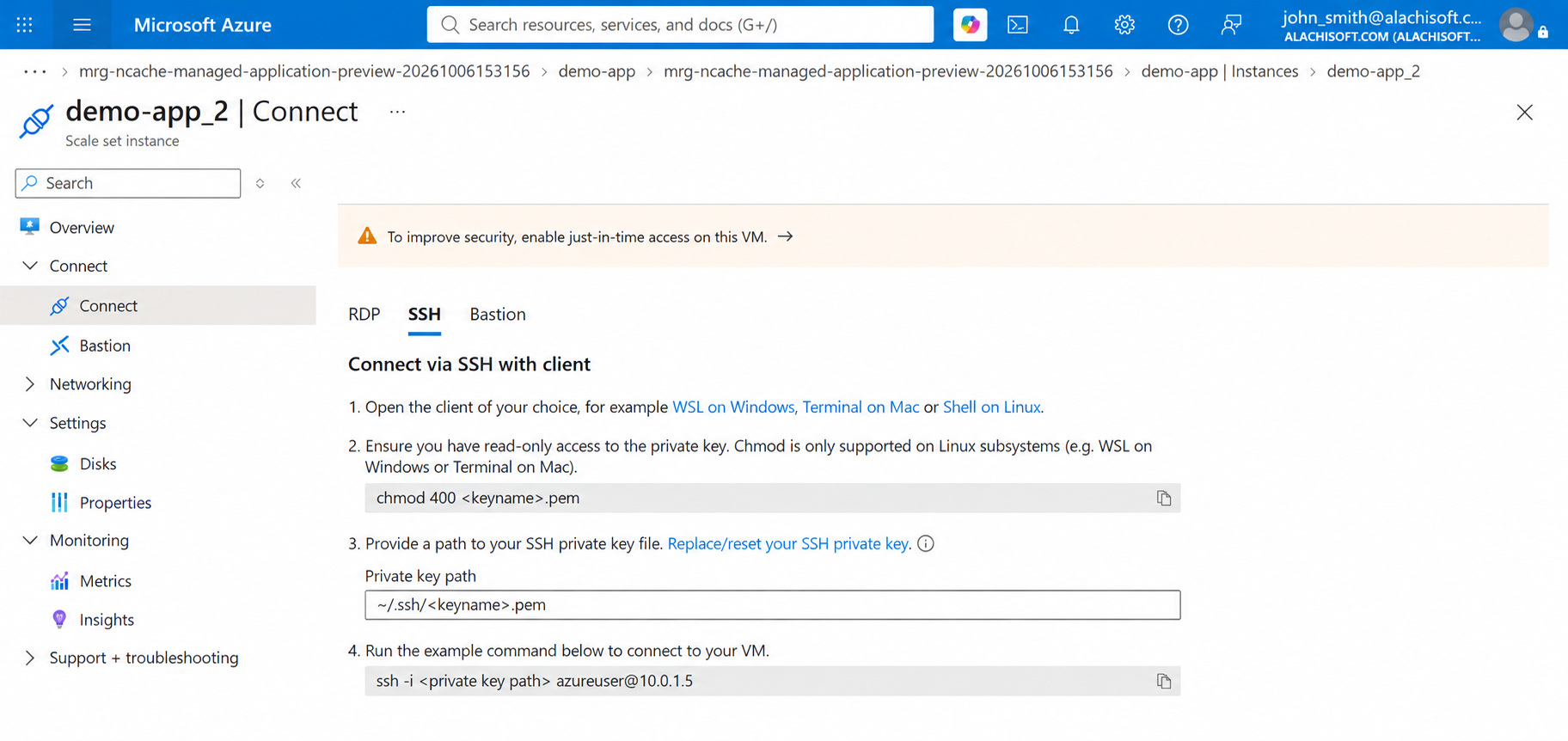 Instance Connect blade showing SSH and Bastion options