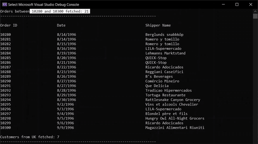 Commandes récupérées de la base de données